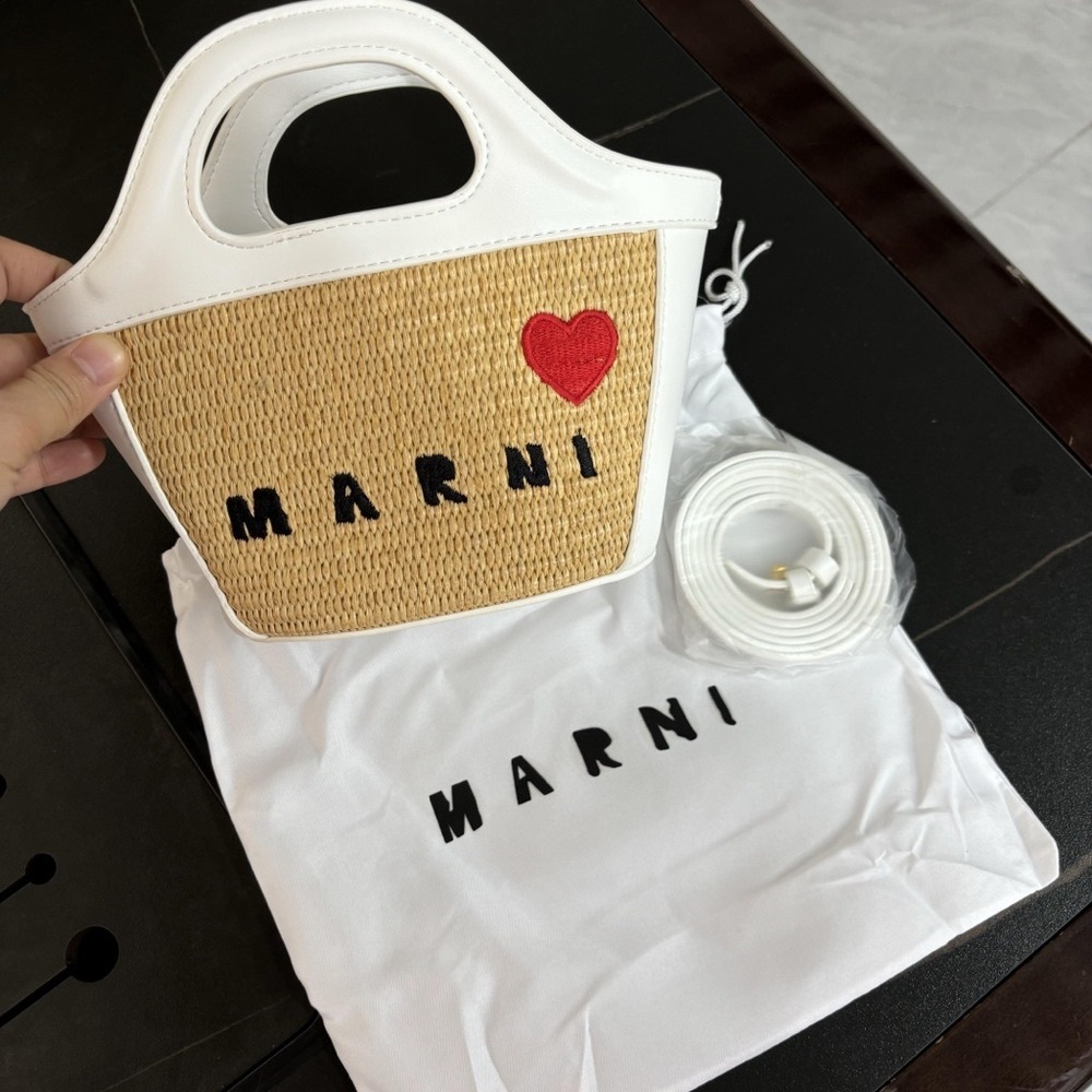 Marni White & Natural Straw Mini Tote with Red Heart Accent